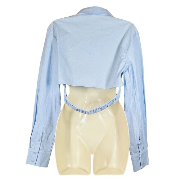 Emory Park‎ Crop Collared Button Front Shirt Size L Blue L/S Elastic Band NWT - Picture 16 of 16